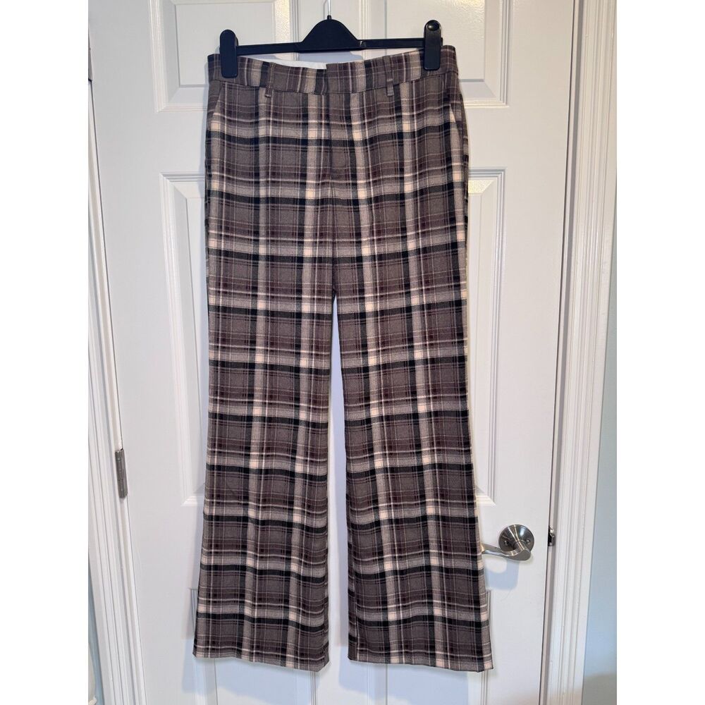 ZARA Womens Plaid Wide Leg Flare Trousers Brown Tartan High Rise Size M / 28